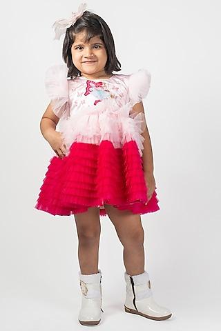 pink & white net embroidered frilled dress for girls