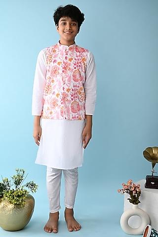 pink & white printed bundi jacket with kurta set for boys