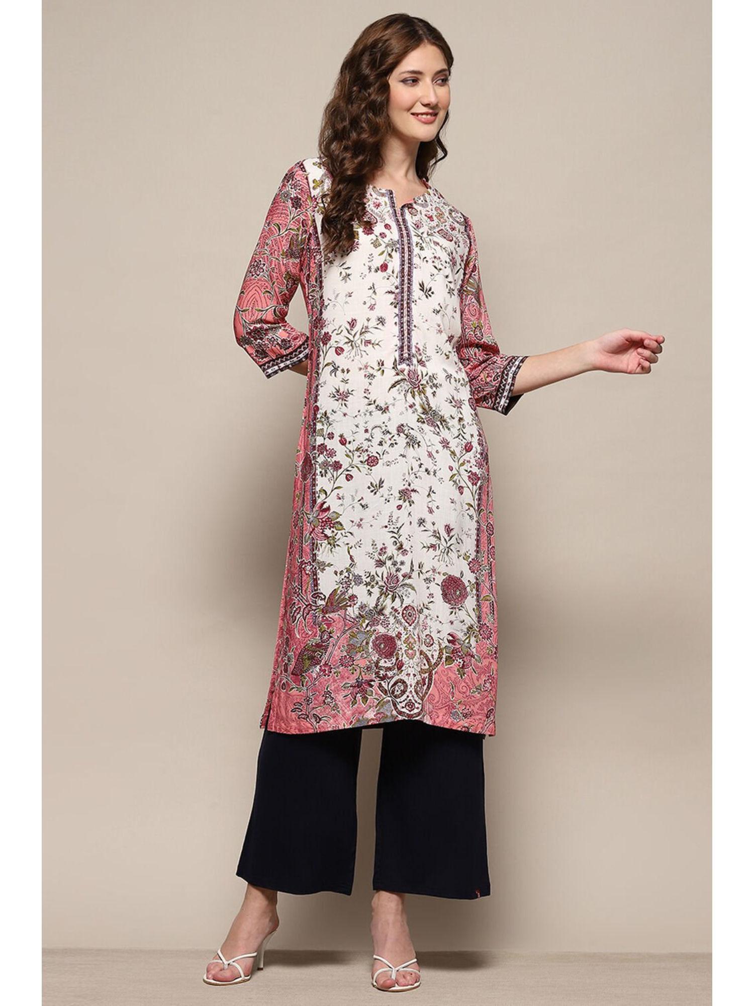 pink & white rayon floral printed straight kurta