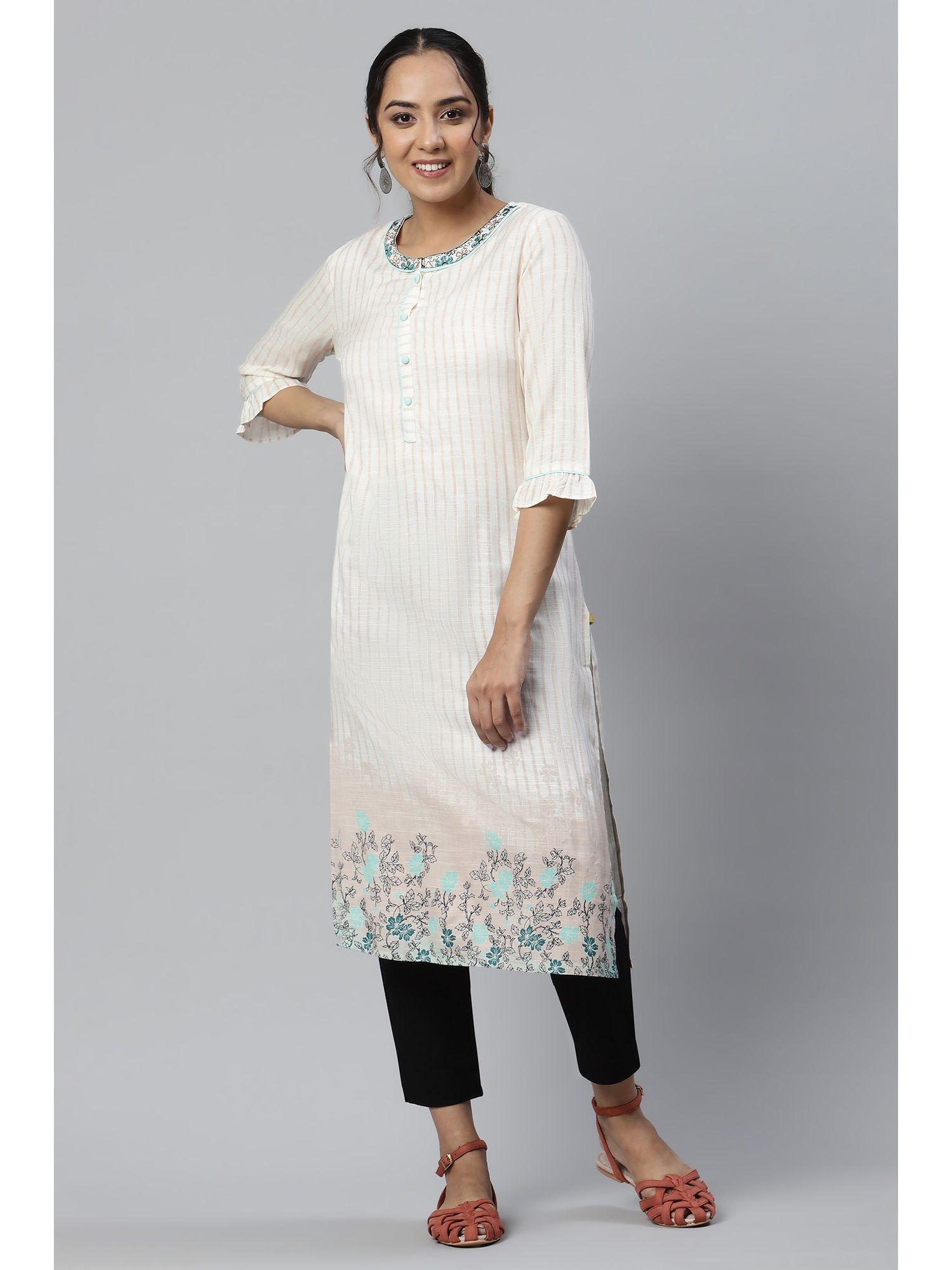 pink & white stripes printed kurta with embroidered collar