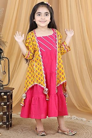 pink & yellow cotton printed jacket dress for girls