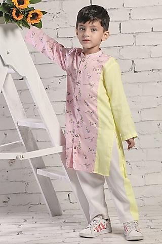 pink & yellow cotton satin animal printed kurta set for boys