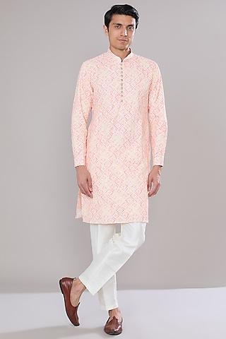 pink & yellow cotton silk ikat printed kurta set