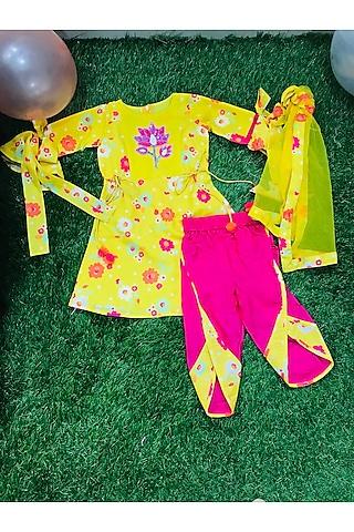 pink & yellow floral printed kurta set for girls