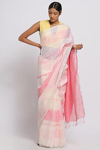 pink & yellow pure linen tie-dye saree