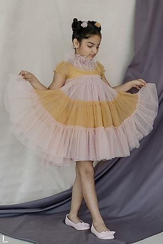 pink & yellow tulle embellished tiered dress for girls