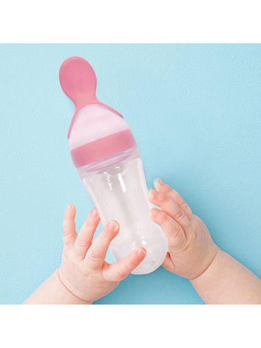 pink 90 ml squeeze bottle feeder with dispensing spoon