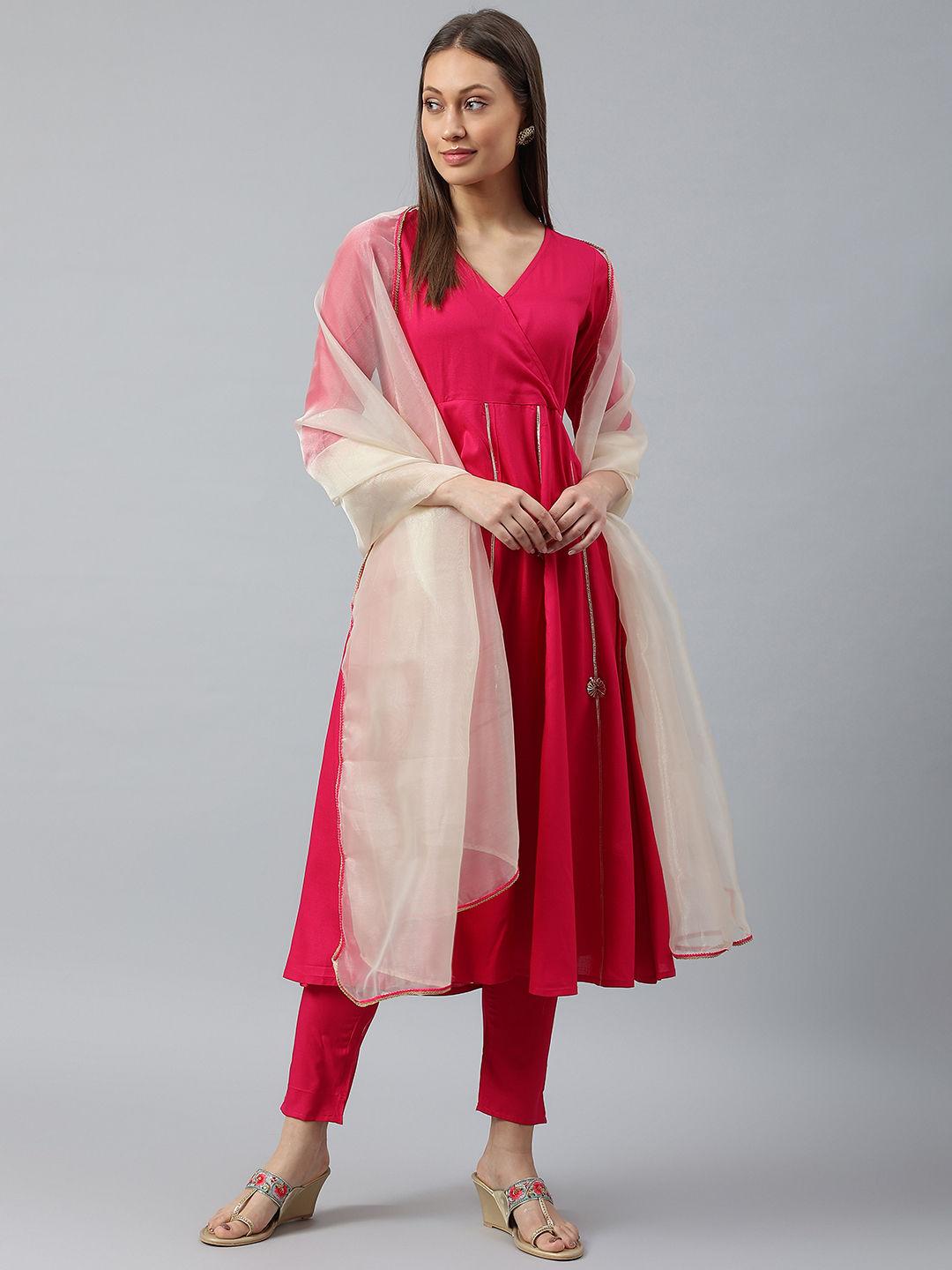 pink a-line kurta and trousers with dupatta (set of 3)