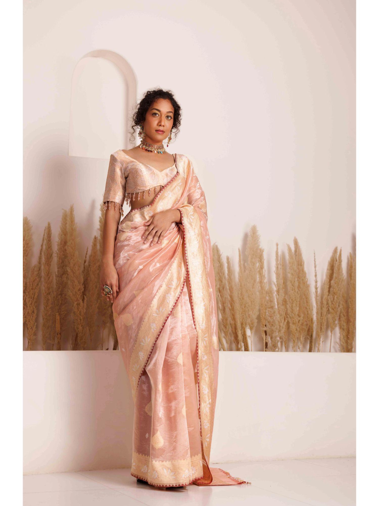 pink aagam saree with stitched blouse