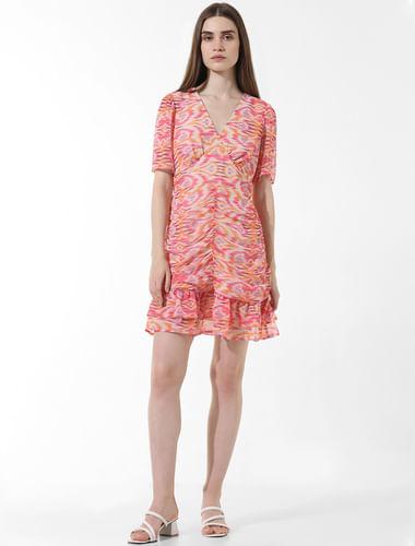 pink abstract print gathered dress