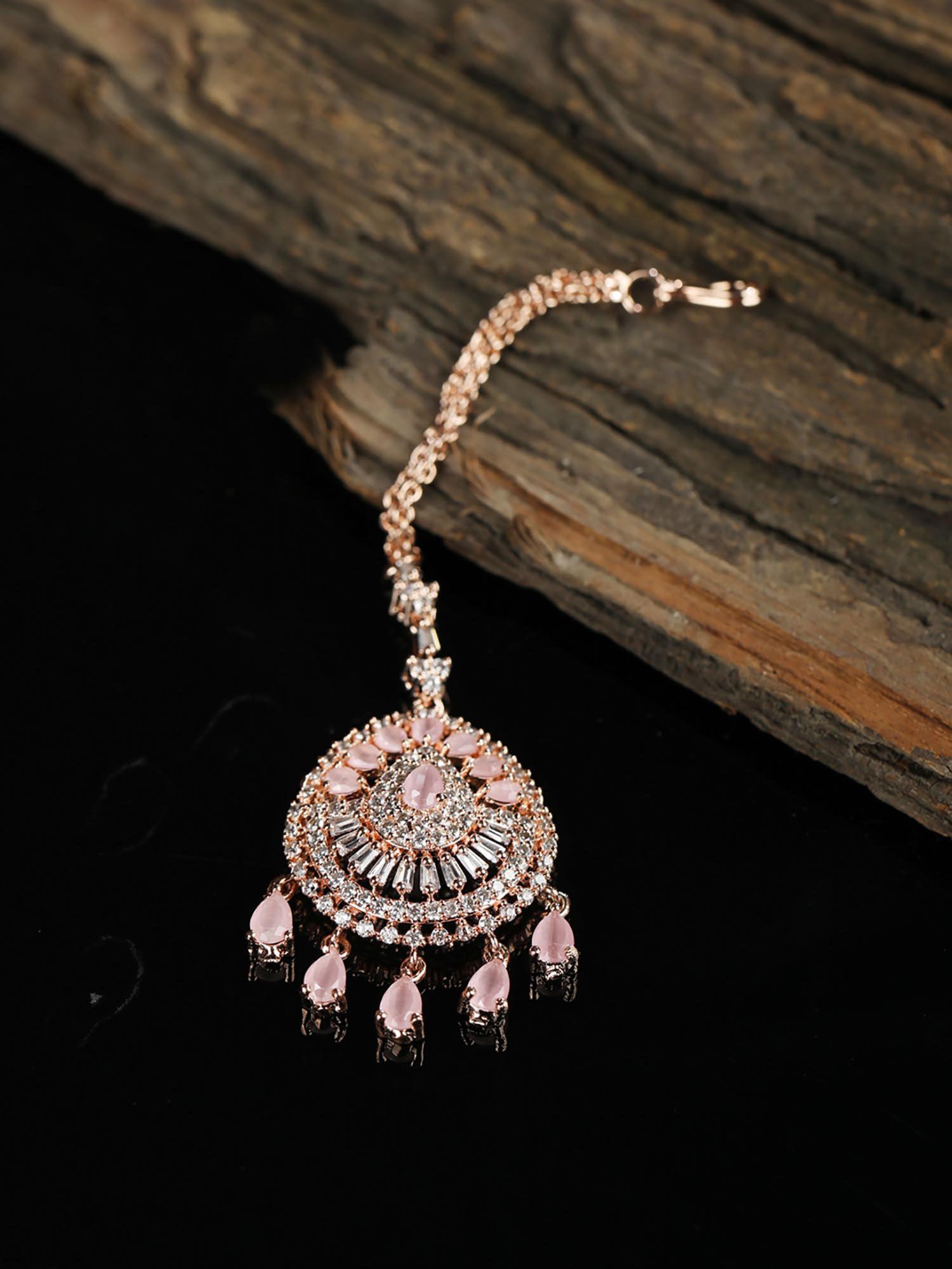 pink american diamond stones rose gold-plated maangtikka