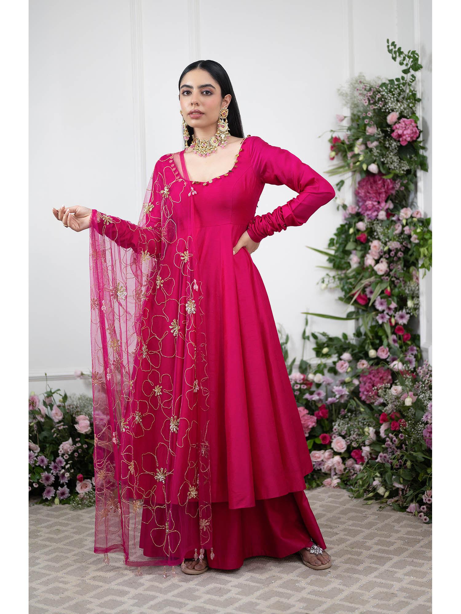 pink anarkali kurta with sharara and dupatta (set of 3)