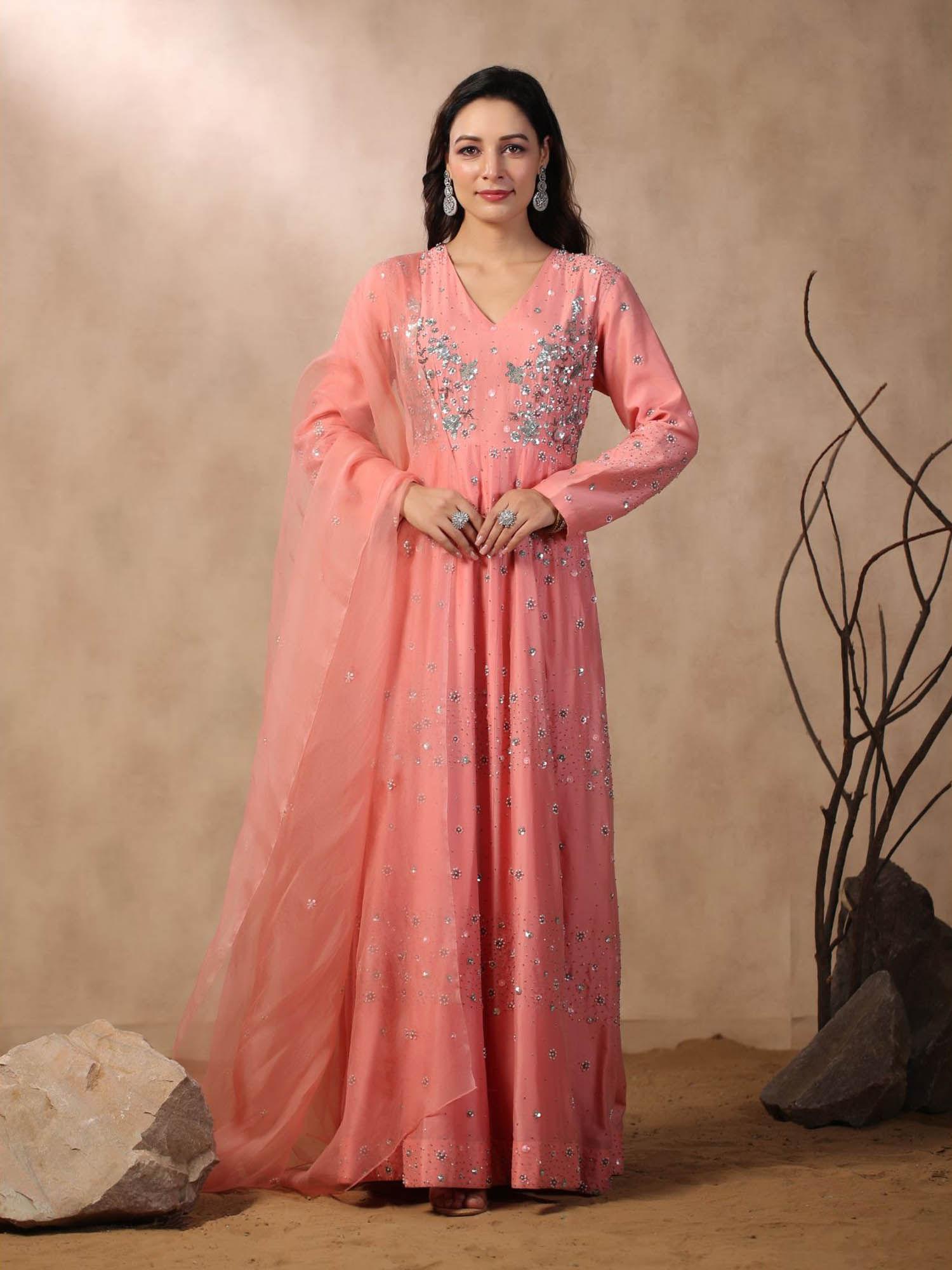 pink anarkali with hand embroidered paired with dupatta (set of 2)