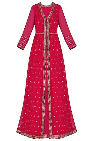 pink anarkali with red embroidered jacket and dupatta