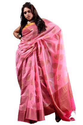 pink and antique zari weaved cotton silk saree with traditional zari mughal buta and border pattern with blouse piece - pink