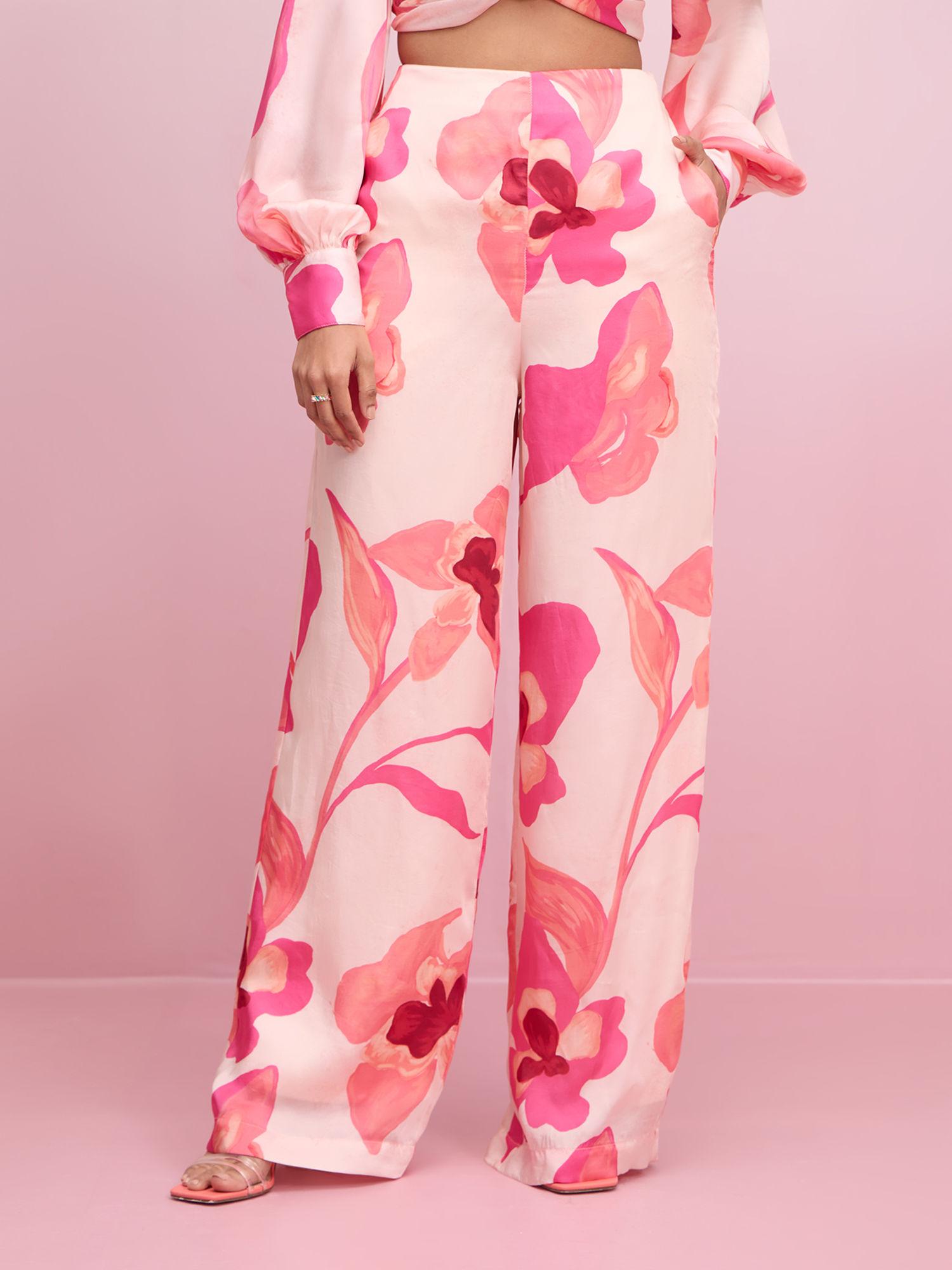 pink and cream floral printed high waist flared satin pants