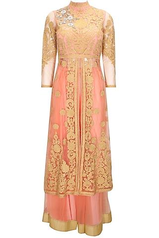 pink and gold floral embroidered long jacket with pink net lehenga