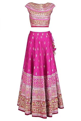 pink and gold gota patti banarasi brocade lehenga set