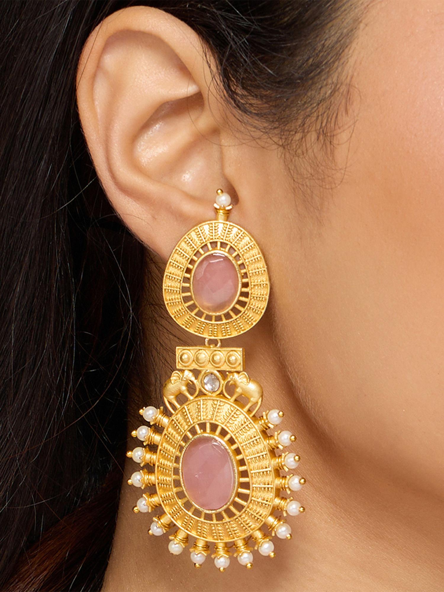 pink and gold traditional temple design earrings