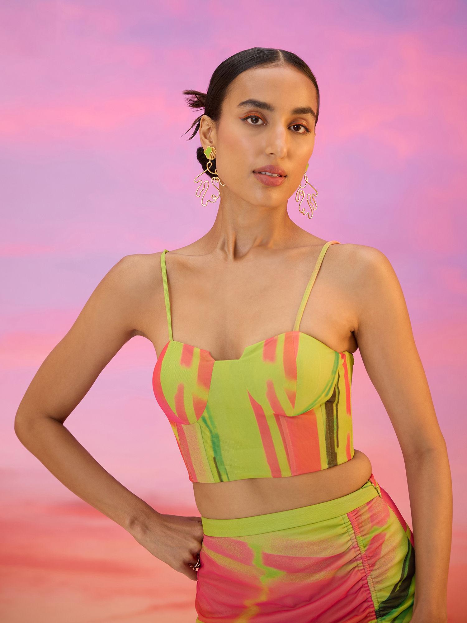 pink and green abstract print sweetheart tube neck crop top