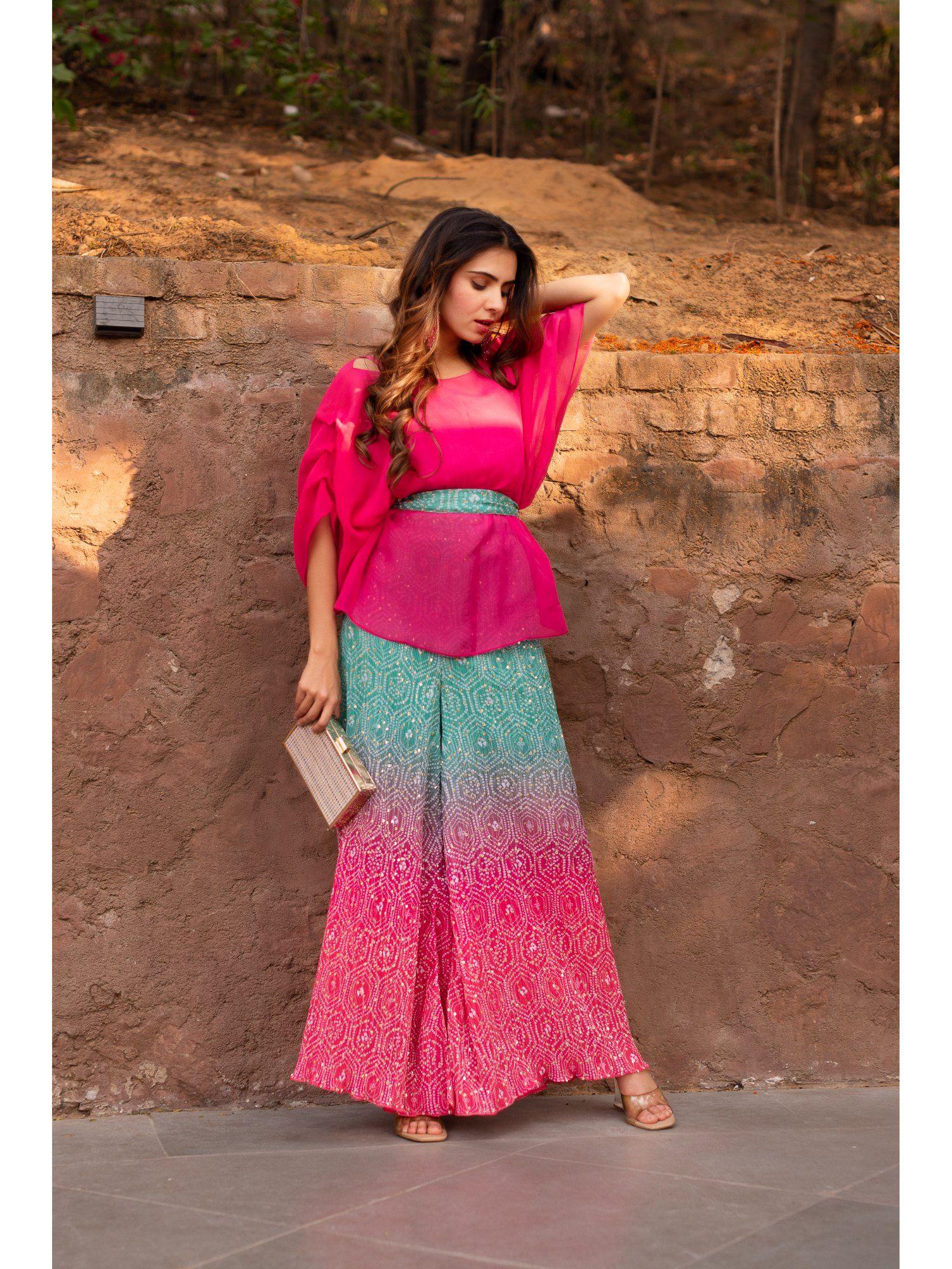 pink and green crushed kurti with top palazzo (set of 3)