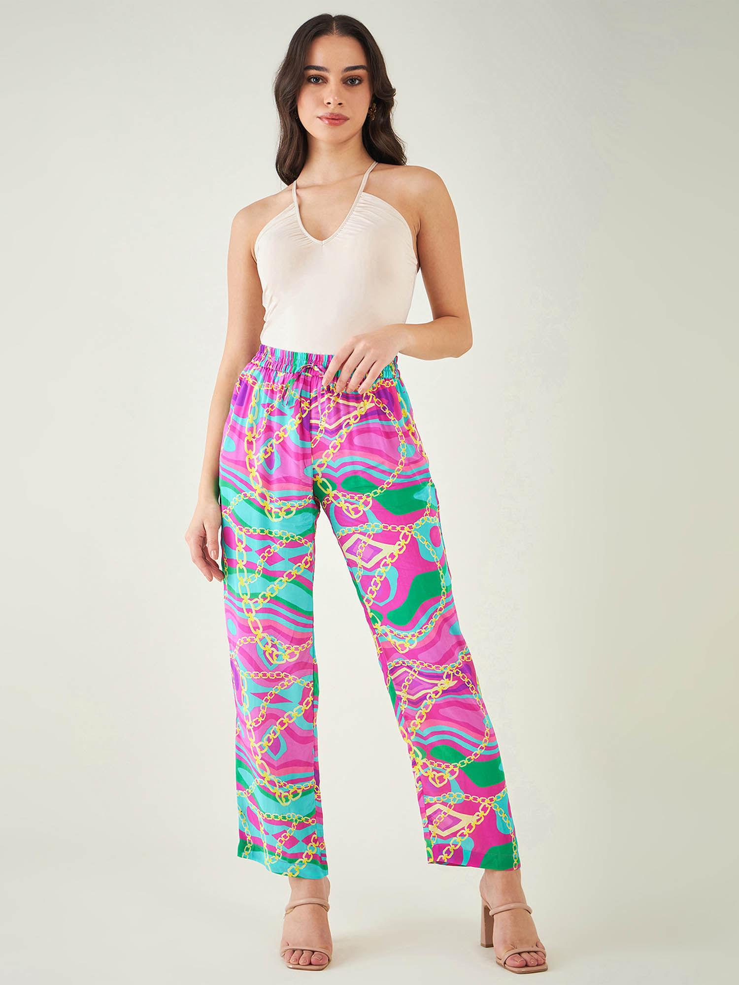 pink and green marine wave print pant