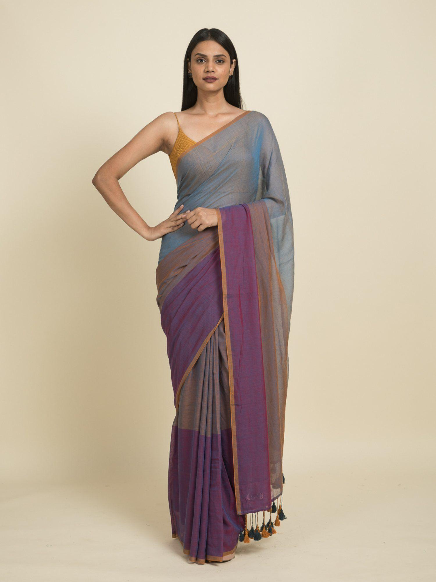 pink and grey mul cotton saree