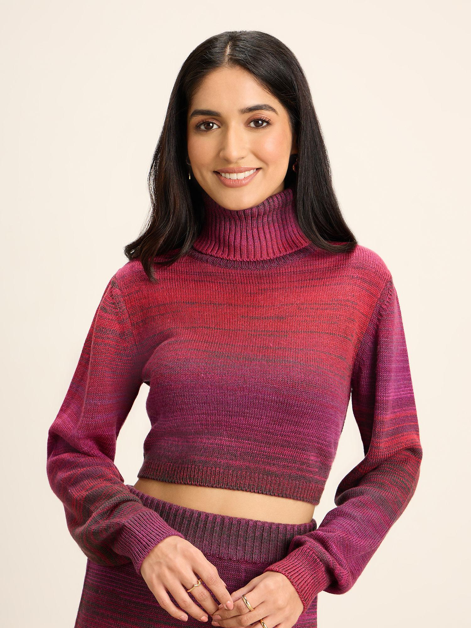 pink and grey ombre turtle neck fitted crop sweater top