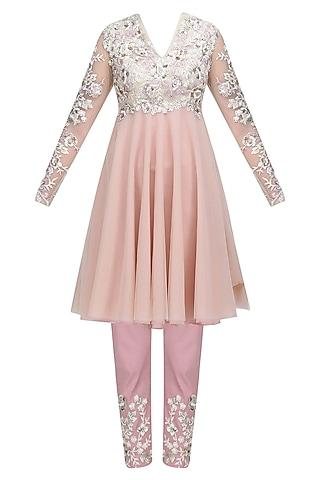 pink and ivory floral thread embroidered short anarkali and pants set