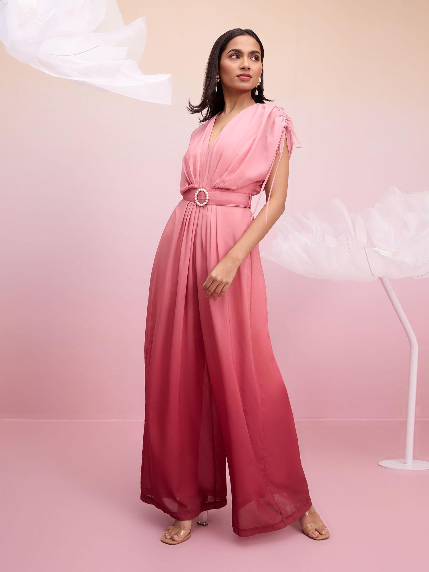 pink and maroon ombre belted maxi jumpsuit (set of 2)