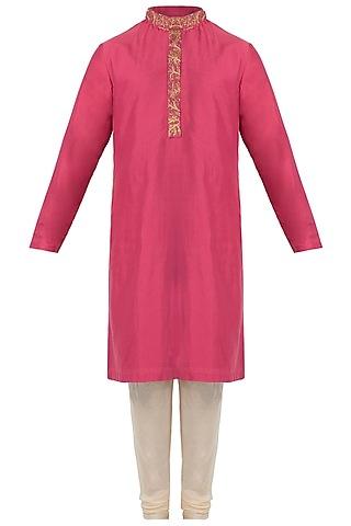 pink and off white embroidered kurta with pants