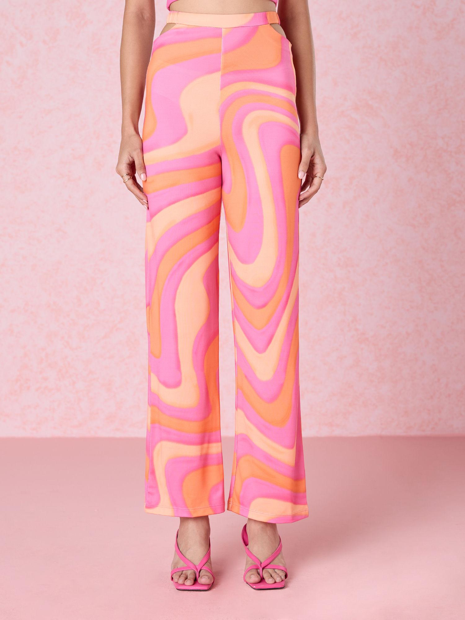 pink and orange wave print cut out pant