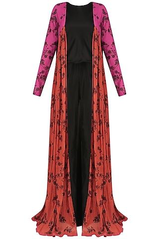 pink and red floral print floor length jacket