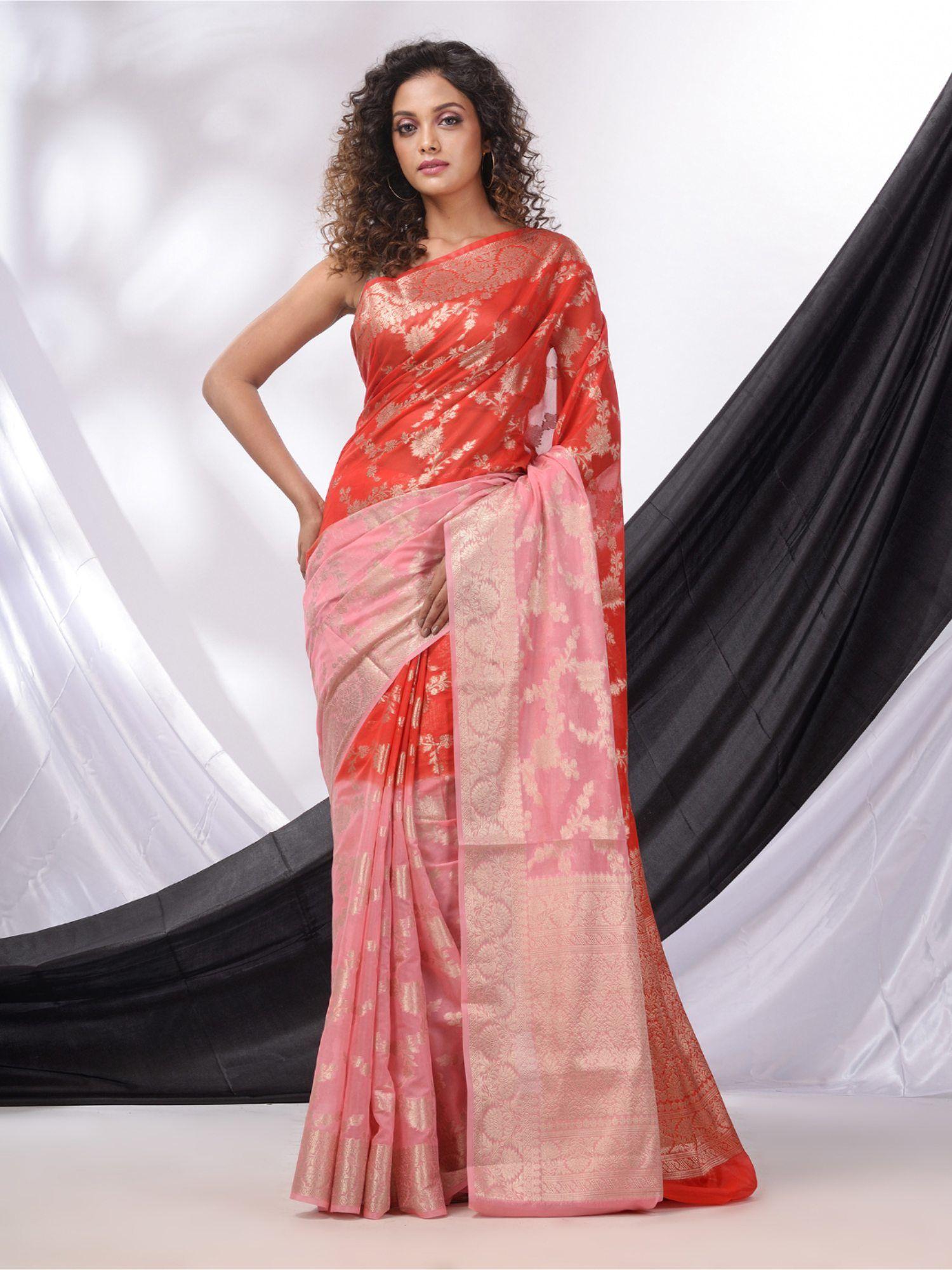 pink and red georgette handwoven saree with floral nakshi designs & unstitched blouse