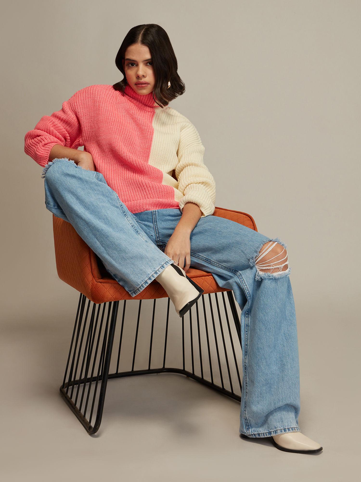 pink and white colorblock oversized sweater