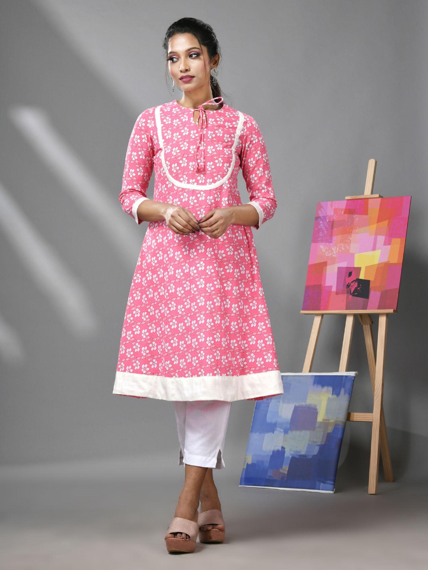 pink and white cotton floral printed kurta