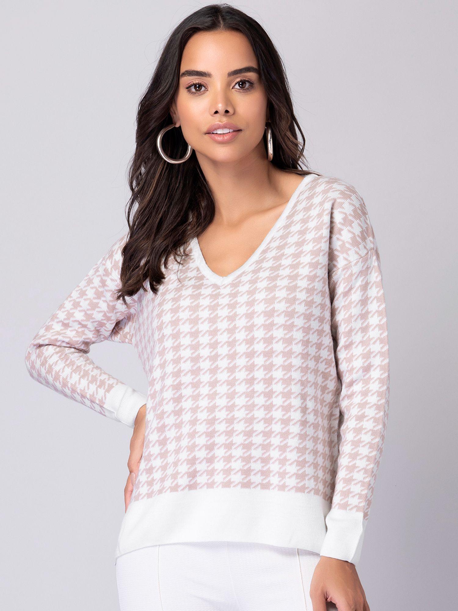 pink and white herringbone jumper sweater