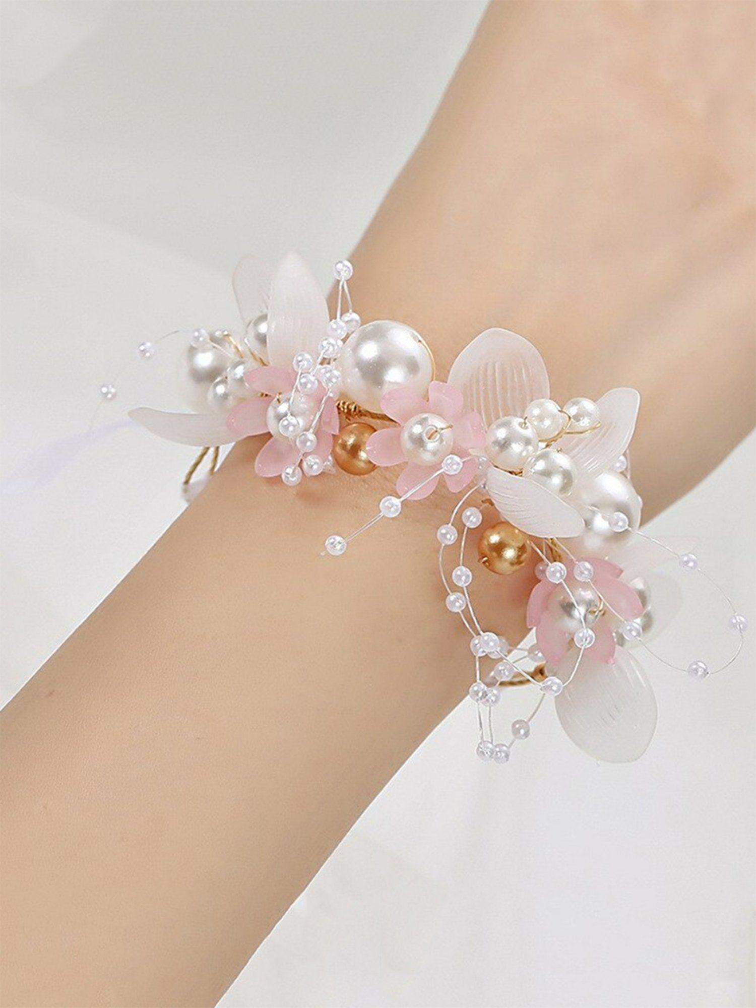 pink and white pearl beaded floral fabric wraparound bracelet