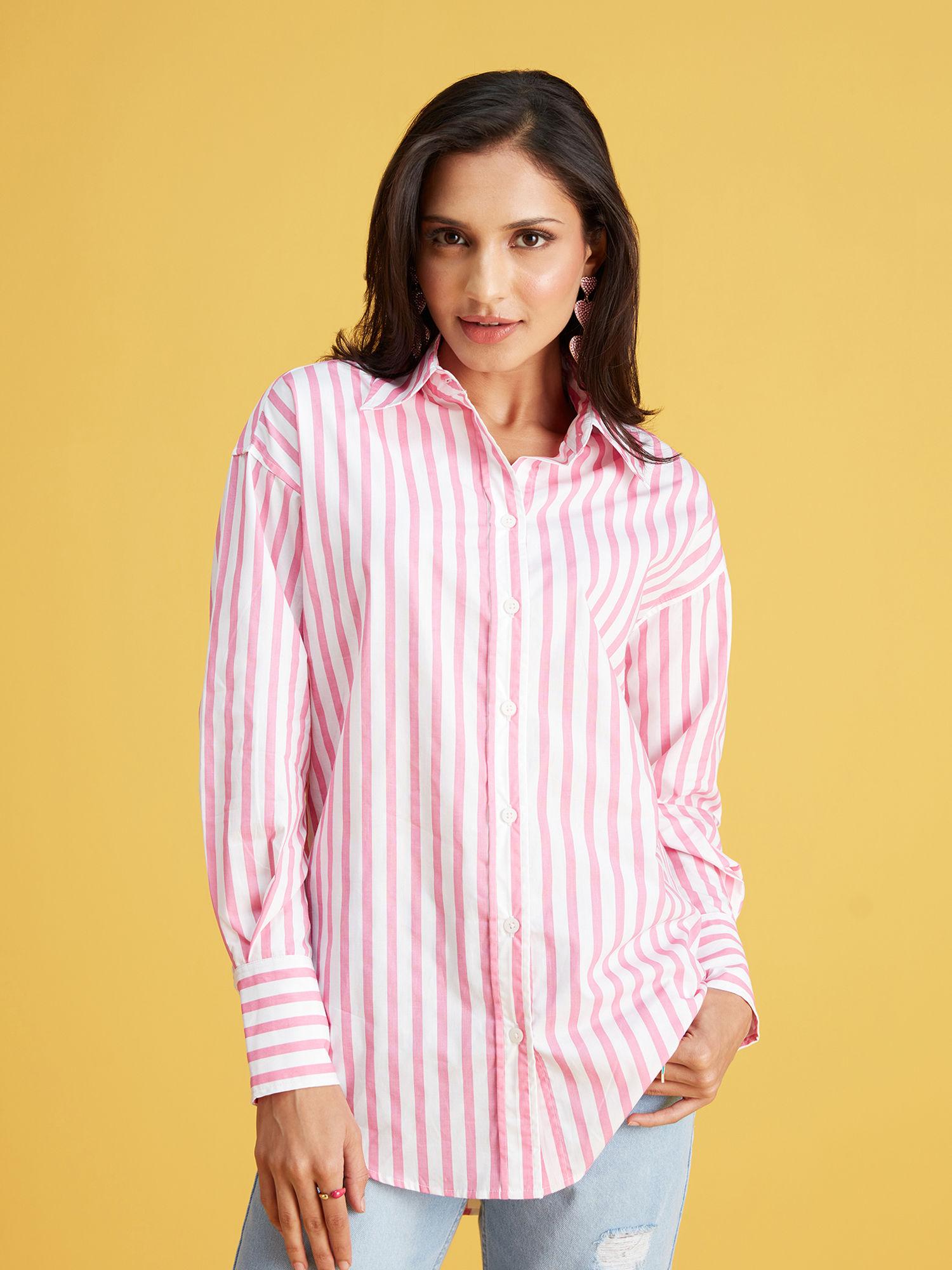 pink and white striped full sleeves cotton shirt