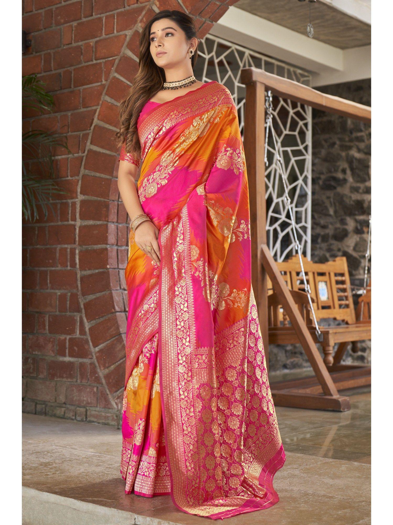 pink and yellow banarasi silk woven design zari saree with unstitched blouse