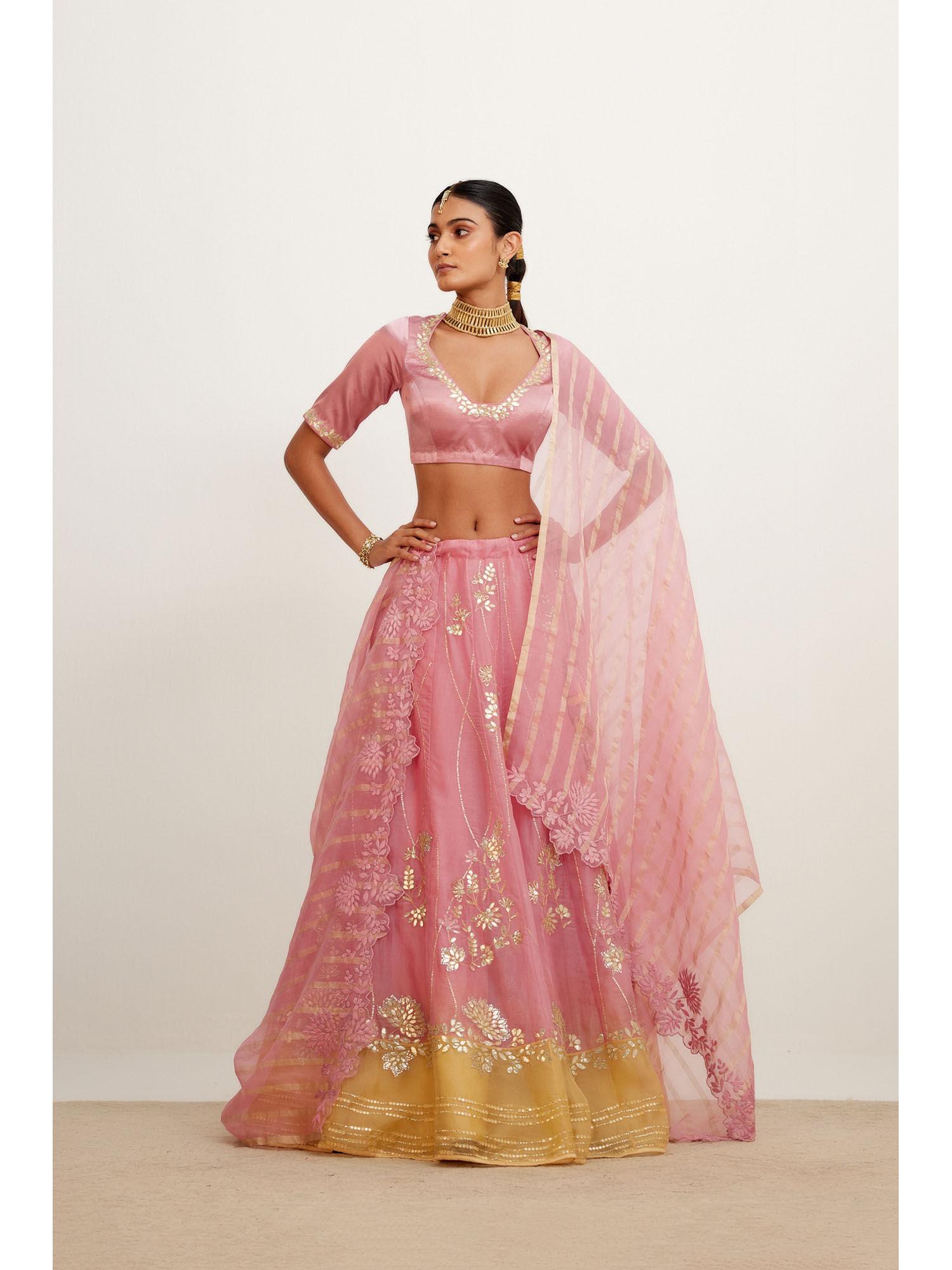 pink and yellow gota patti organza lehenga (set of 3)