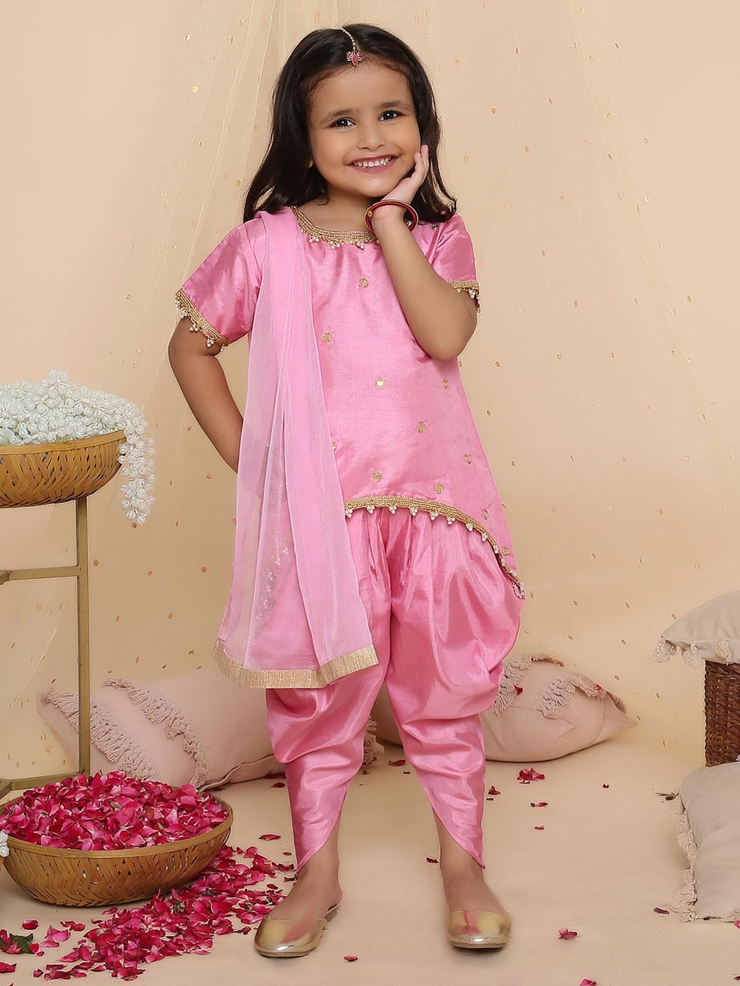 pink anya hi-low kurti with dhoti & dupatta (set of 3)
