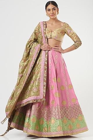 pink applique embroidered lehenga set