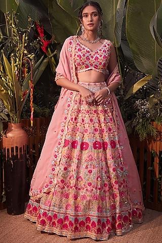 pink applique embroidered lehenga set