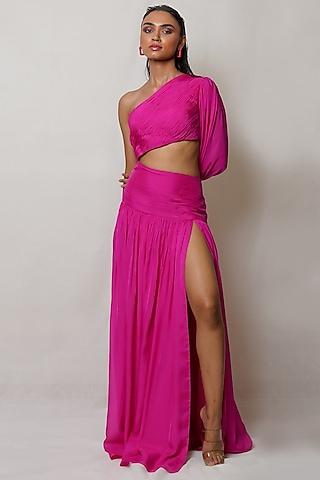 pink art flat chiffon one-shoulder gown