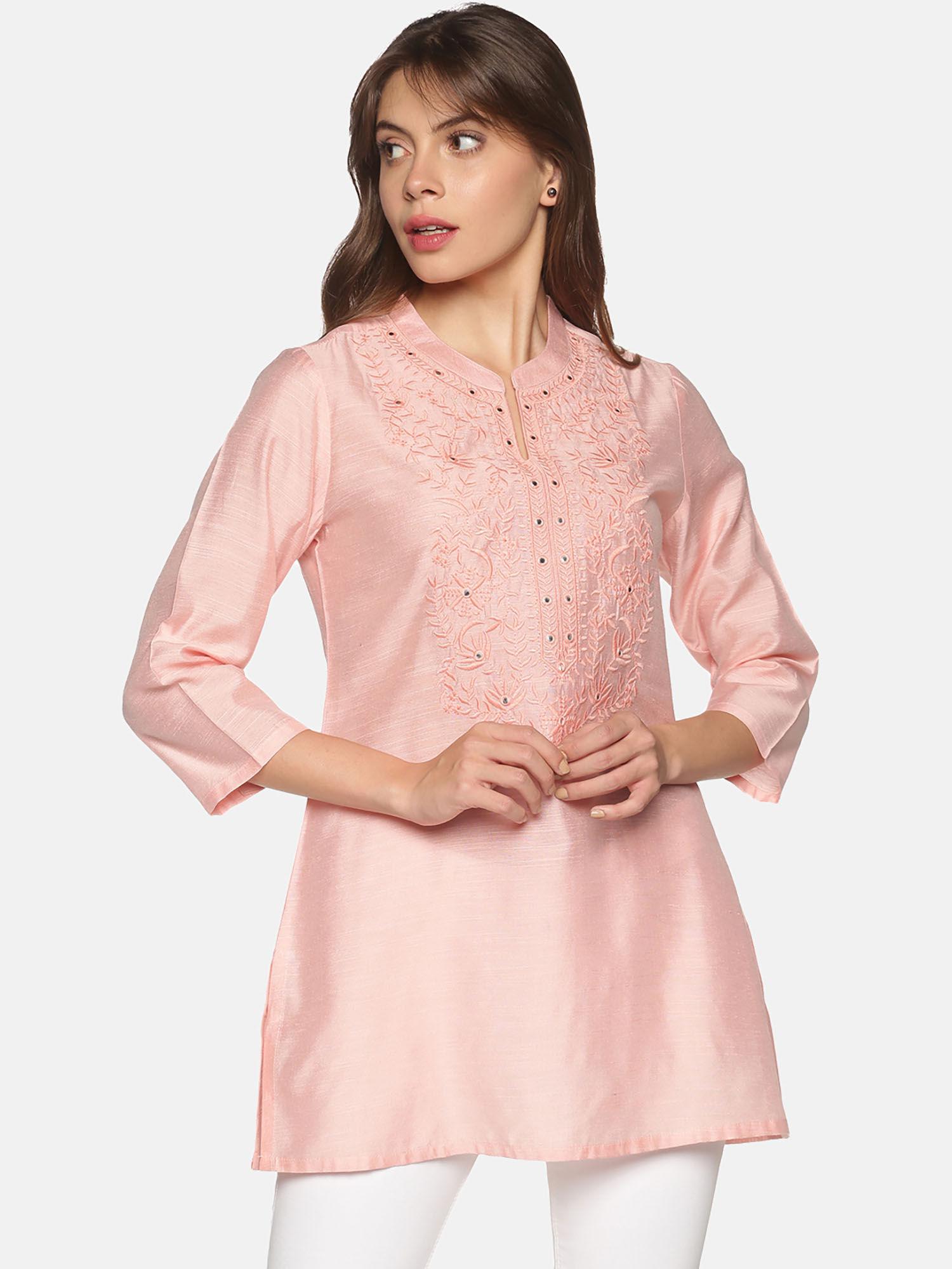 pink art raw silk floral embroidered neck tunic with mirror accents