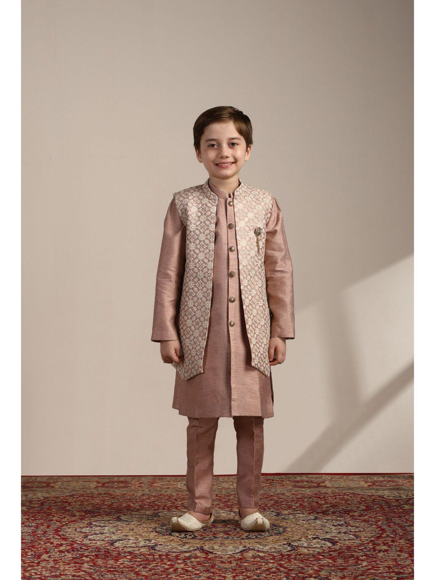 pink art silk embroidered mandarin collar kurta jacket trouser (set of 3)
