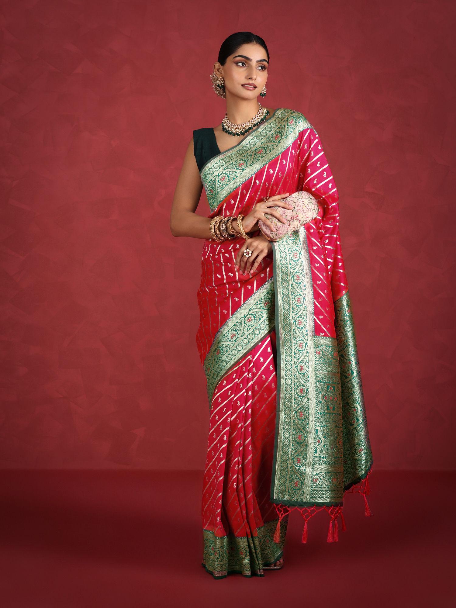 pink art silk woven zari festive saree & unstitched blouse