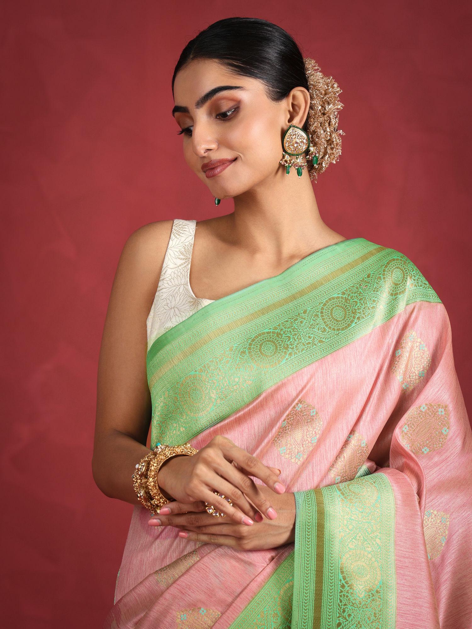 pink art silk woven zari festive saree & unstitched blouse