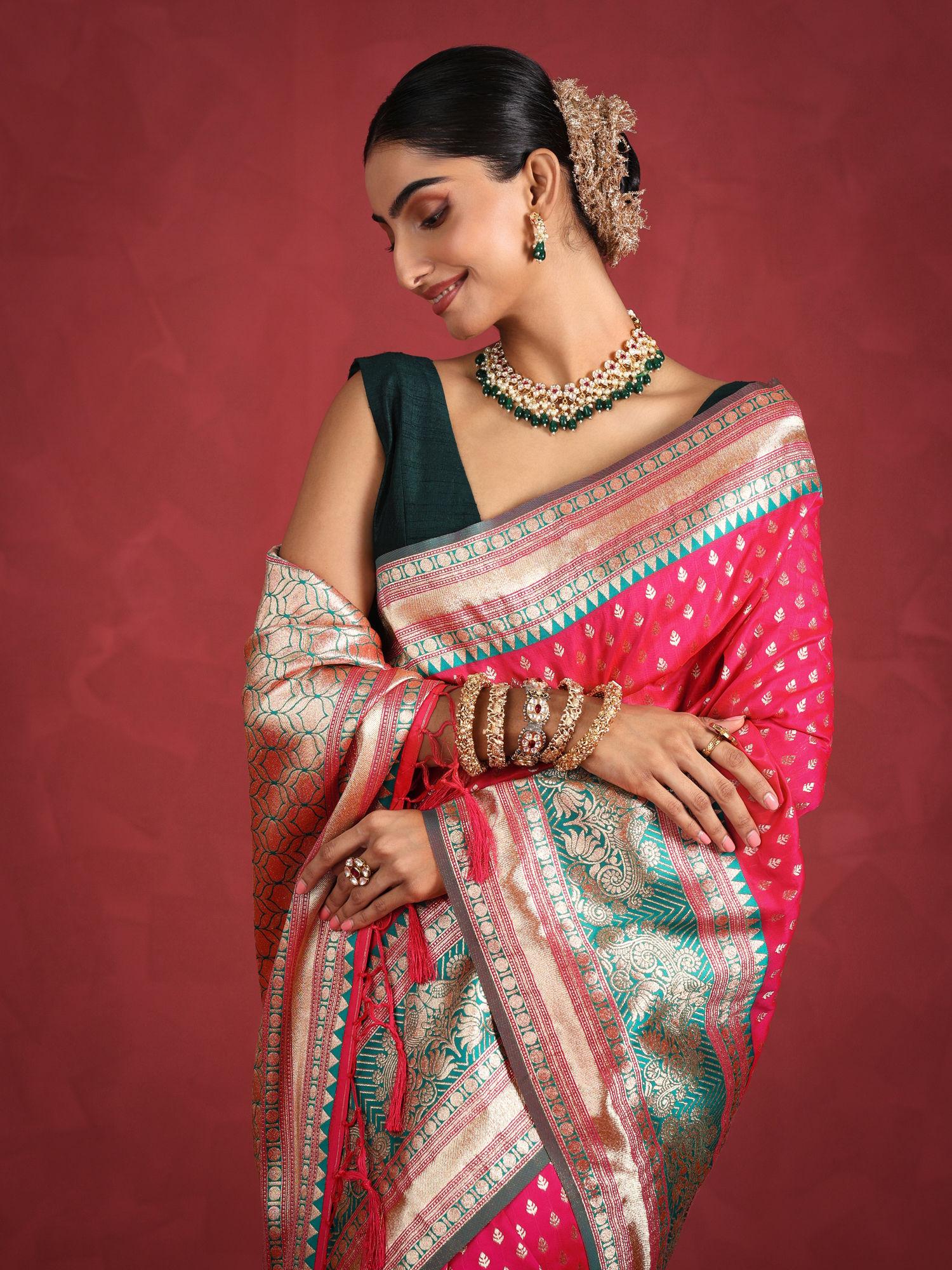 pink art silk woven zari festive saree & unstitched blouse